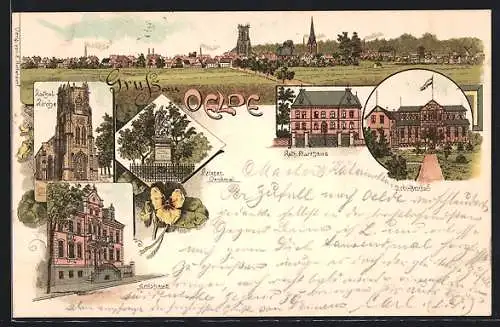 Lithographie Oelde, Hotel Schützenhof, Katholische Kirche, Kriegerdenkmal
