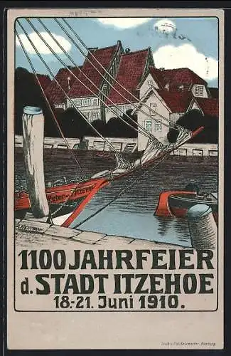 AK Itzehoe, 1100 Jahrfeier 1910, Segelschiff mit Wohnhäusern