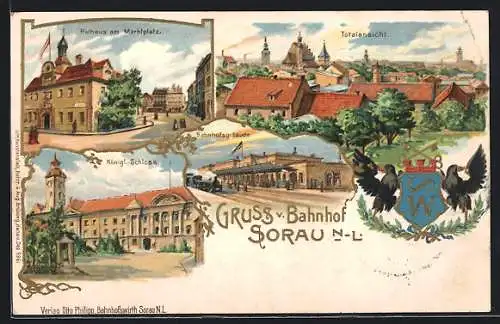 Lithographie Sorau /N.-L., Totalansicht, Rathaus am Marktplatz, Schloss und Bahnhof