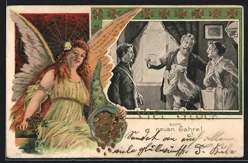 AK Soldat mit seiner Familie, Neujahrsengel im Jugendstil, Neujahrsgruss