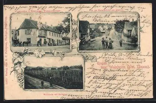 AK Wolxheim, Restaurant von J. Mühlberger, Rebberg, Strassenansicht von der Kanalbrücke aus