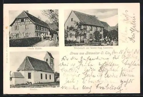 AK Bütweiler /O.-Els., Gasthaus zur Sonne Eug. Laurentz, Obere Mühle, Kirche