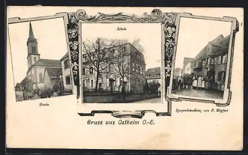 AK Ostheim, Kirche, Schule, Spezereihandlung v. F. Küpfert