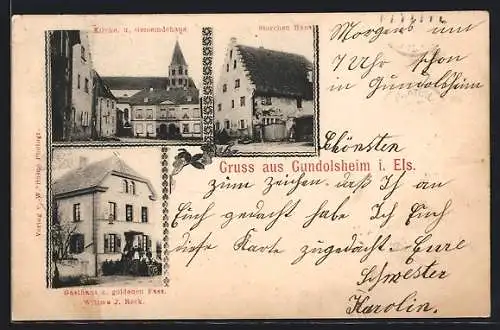 AK Gundolsheim i. Els., Gasthaus zum goldenen Fass, Storchen-Haus, Kirche und Gemeindehaus