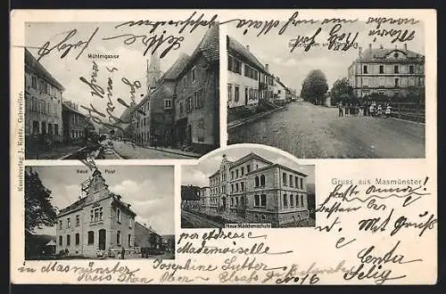 AK Masmünster, Neue Mädchenschule, Neue Post, Strasse Mühlengasse