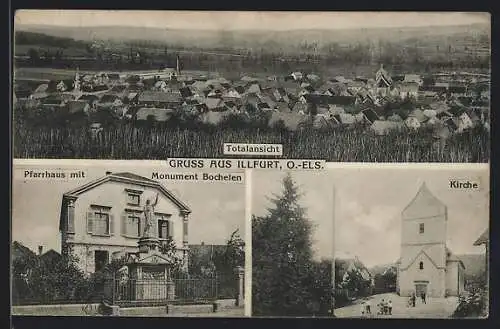 AK Illfurt / O.-Els., Totalansicht, Pfarrhaus mit Monument Bochelen, Kirche
