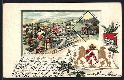 Präge-Lithographie Masmünster, Teilansicht mit Eisenbahn, Wallfahrtskapelle Hubbach, Wappen