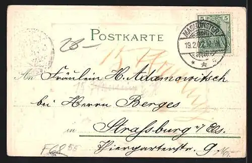 Präge-Lithographie Masmünster, Teilansicht mit Eisenbahn, Wallfahrtskapelle Hubbach, Wappen