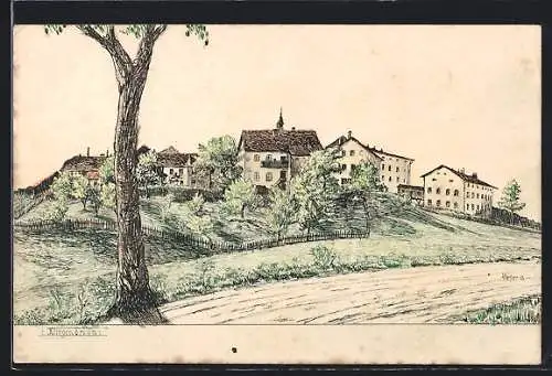 Künstler-AK Klingenbrunn, Blick von den Feldern auf die kleine Ortschaft