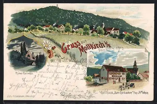 Lithographie Mollkirch i. E., Gasthaus Zum Girbaden v. J. Mahon, Ruine Girbaden