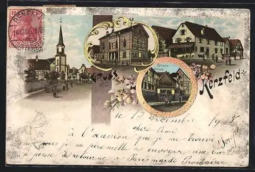 Lithographie Kerzfeld, Schmiede Koos, Epicerie Binnert, Gemeindehaus