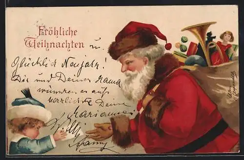 AK Weihnachtsmann nimmt den Wunschzettel eines Kindes entgegen