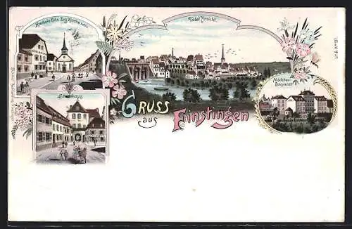 Lithographie Finstingen, Apotheke Kühn, Stadthaus, Mädchen-Pensionat