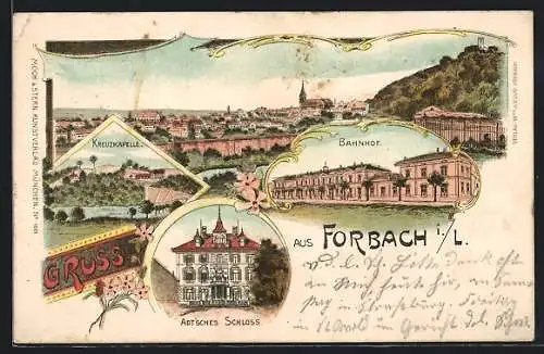Lithographie Forbach i. L., Bahnhof, Kreuzkapelle, Adtsches Schloss