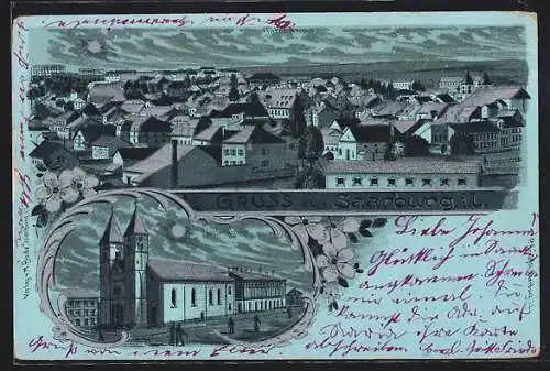 Lithographie Saarburg i. L., Kirche, Ortsansicht aus der Vogelschau