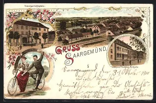 Lithographie Saargemünd, Landgerichtsplatz, Höhere Töchter-Schule, Ortsansicht