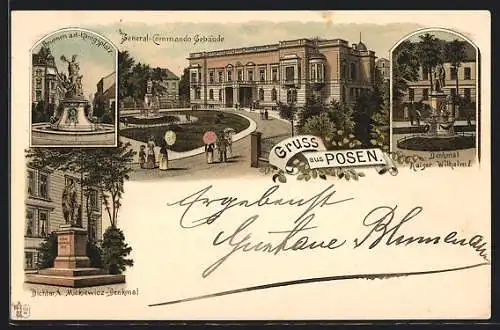 Lithographie Posen, General-Commando Gebäude, Brunnen auf dem Königsplatz, Mickiewicz-Denkmal