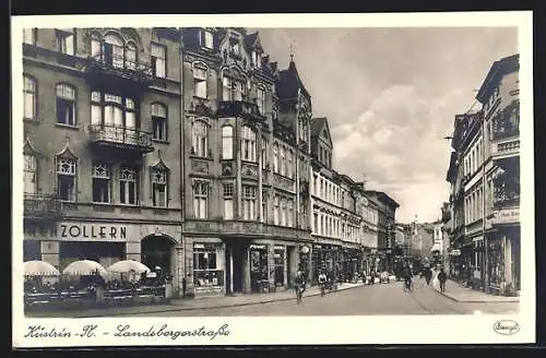 AK Küstrin, Landsbergerstrasse mit Restaurant Hohenzollern und Geschäften