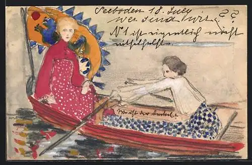 Künstler-AK Handgemalt: Damen in einem Ruderboot