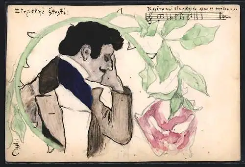 Künstler-AK Handgemalt: Eleganter Herr mit Rose