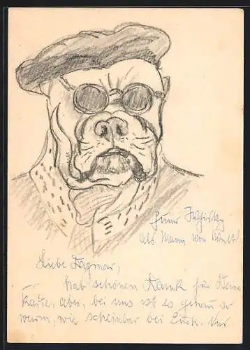 Künstler-AK Handgemalt: Hund mit Mütze und Brille