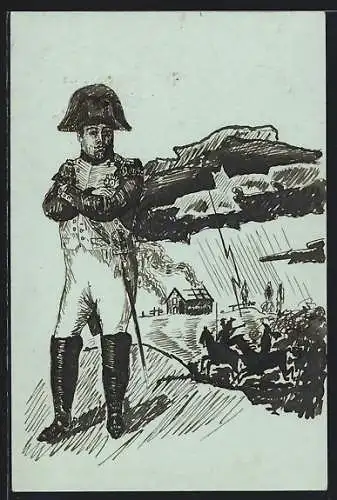 Künstler-AK Handgemalt: Französischer Feldherr Napoleon, Kavallerie im Gewitter