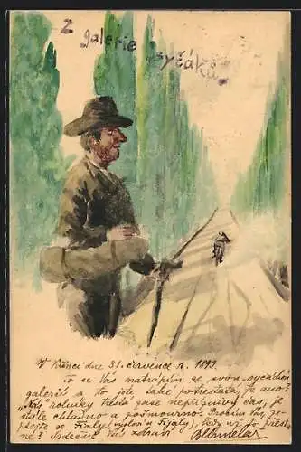 Künstler-AK Handgemalt: Wanderer auf einer Allee, in der Ferne ein Radfahrer