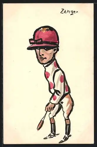 Künstler-AK Handgemalt: Karikatur eines Jockeys mit Helm