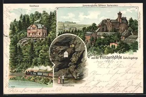 Lithographie Hartenstein / Erzg., Gasthof Forsthaus Prinzenhöhle, Schönburg`sches Schloss