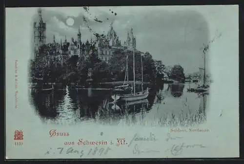 Mondschein-AK Schwerin / Meckl., Schloss, Nordseite vom Wasser aus