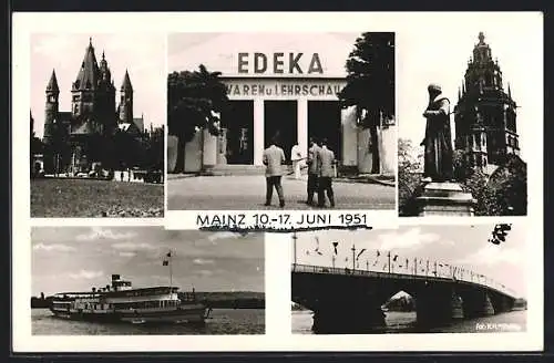 AK Mainz, Edeka-Verbandstag und Warenschau 1951, Ausstellungsgebäude, Brücke, Kirchen