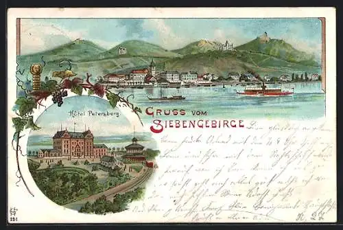 Lithographie Siebengebirge, Gesamtansicht und Hotel Petersberg