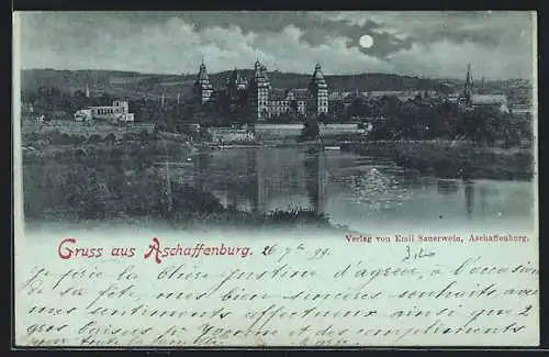 Mondschein-AK Aschaffenburg, Romantische Ortsansicht am Wasser