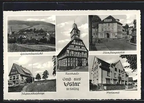 AK Uslar /Solling, Jugendherberge, Strassenpartie, Postamt