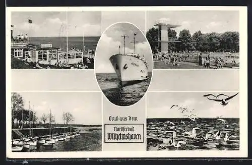 AK Wilhelmshaven, Strandpartie, Schwimmbad, Dampfer Rüstringen, Möwen