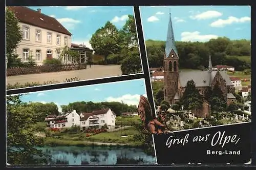 AK Olpe /Berg. Land, Kirche mit Kirchhof, Gebäudeansichten
