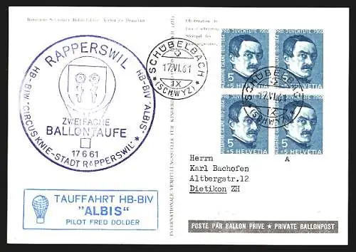 AK Berlin, Internationale Ballonwettfahrten, In Memoriam Victor de Beauclair 1929, Stempel Ballonpost 1961