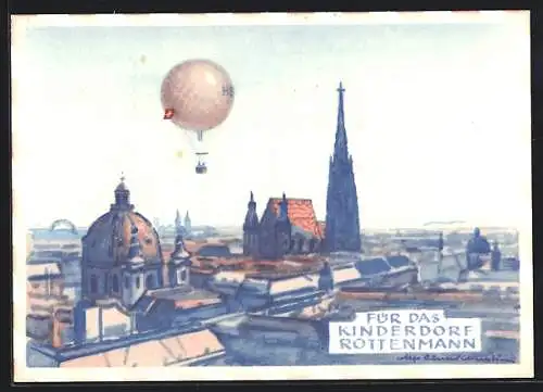 Künstler-AK Rottenmann, Ballon über der Ortschaft, Stempel Ballonpost 1955