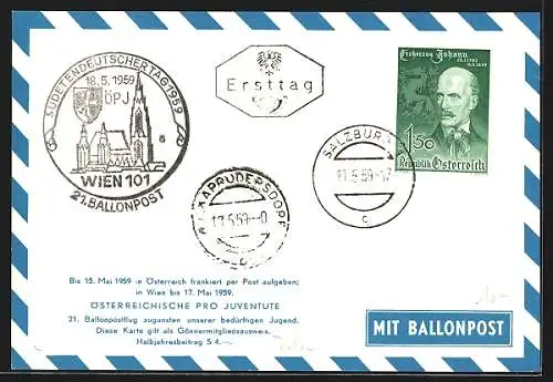 AK Wien, Sudentendeutscher Tag Mai 1959, Ballon über der Ringstrasse, Stempel Ballonpost 1959