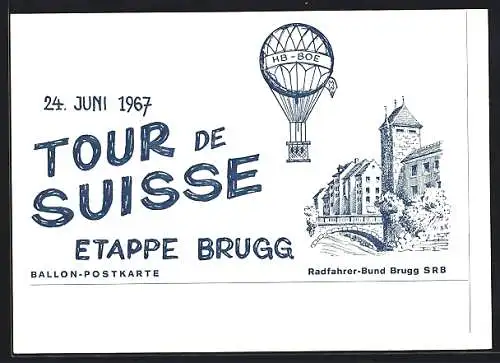 AK Brugg, Tour de Suisse 1967, Ballon über der Ortschaft, Stempel Ballonpost