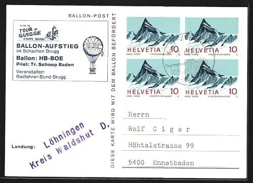 AK Brugg, Tour de Suisse 1967, Ballon über der Ortschaft, Stempel Ballonpost