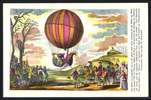 Künstler-AK Nesle, Monsieur Robert als Pilot eines Heissluftballons, Stempel Ballonpost 1957