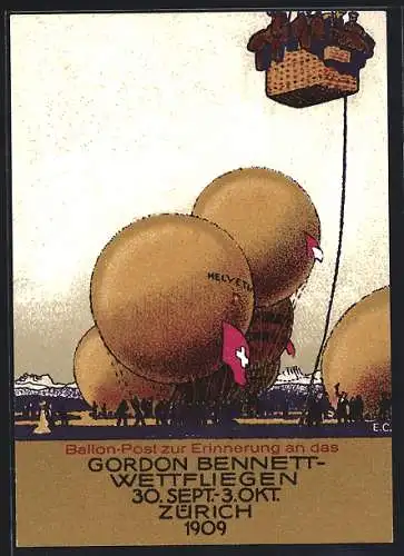 Künstler-AK Zürich,1. Int. Ballonwettfahrt zur Erinnerung an das Gordon Benett Wettfliegen 1909, Stempel Ballonpost