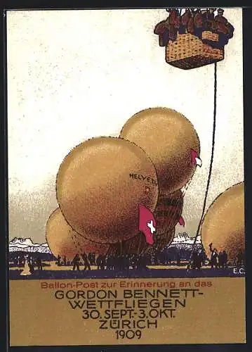 Künstler-AK Zürich, 1. Int. Ballonwettfahrt zur Erinnerung an das Gordon Benett Wettfliegen 1909, Stempel Ballonpost