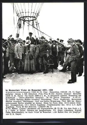 AK Alpentraversierung im Ballon, In Memoriam Victor de Beauclair 1929, Stempel Ballonpost 1961