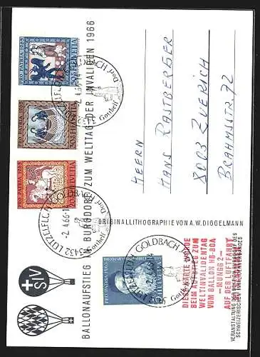 Künstler-AK Burgdorf, Ballon-Post zum Welttag der Invaliden 1966, Stempel Ballonpost