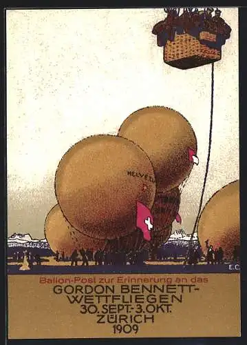Künstler-AK Zürich, 1. Internationale Ballonwettfahrt zur Erinnerung an das Gordon Bennett Wettfliegen 1909, Ballonpost