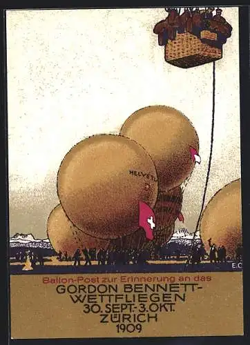 Künstler-AK Zürich, 1. Internationale Ballonwettfahrt zur Erinnerung an das Gordon Bennett Wettfliegen 1909, Ballonpost