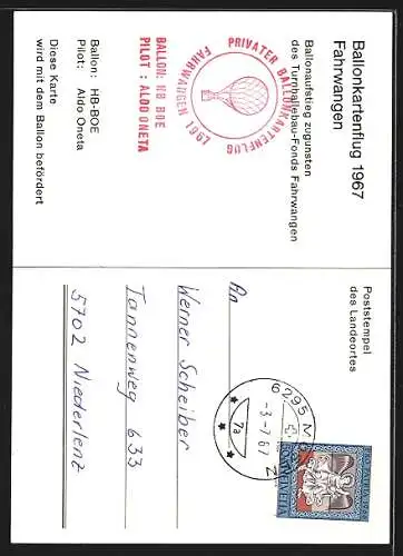 AK Fahrwangen, Ballonkartenflug 1967, Stempel Ballonpost