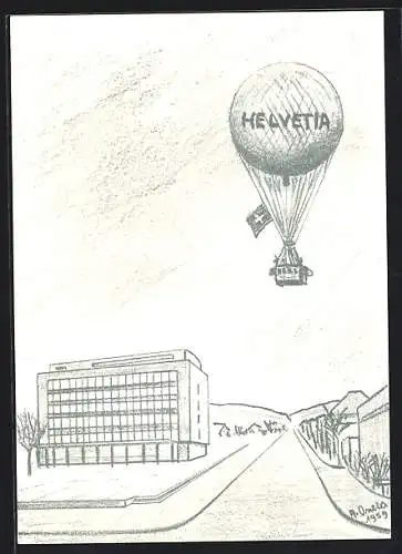 Künstler-AK Wettingen, Ballonaufstieg anlässlich der Rathauseinweihung 1959, Stempel Ballonpost